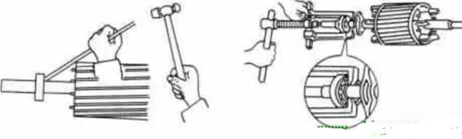 圖1-1-3使用拉拔器拆卸軸承。圖1-1-4取下軸承的絲錐
